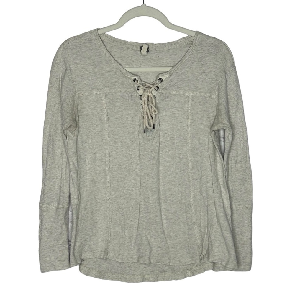 We The Free Free Peoole Heathered Cream Long Sleeve Lace Up Neckline Top